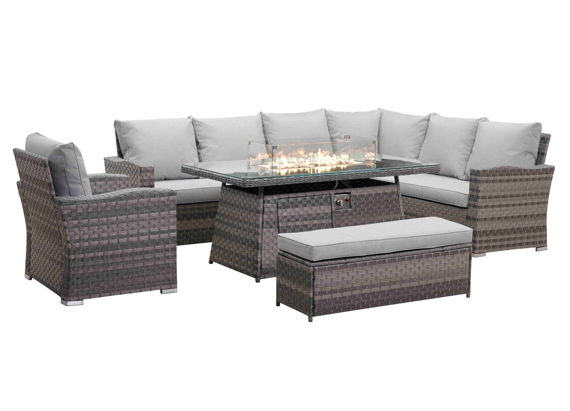Icon Luxury Rattan Right Hand Corner Sofa Chair Bench and Fire Pit Table - Light Grey Rattan Furniture MaxiFurn 