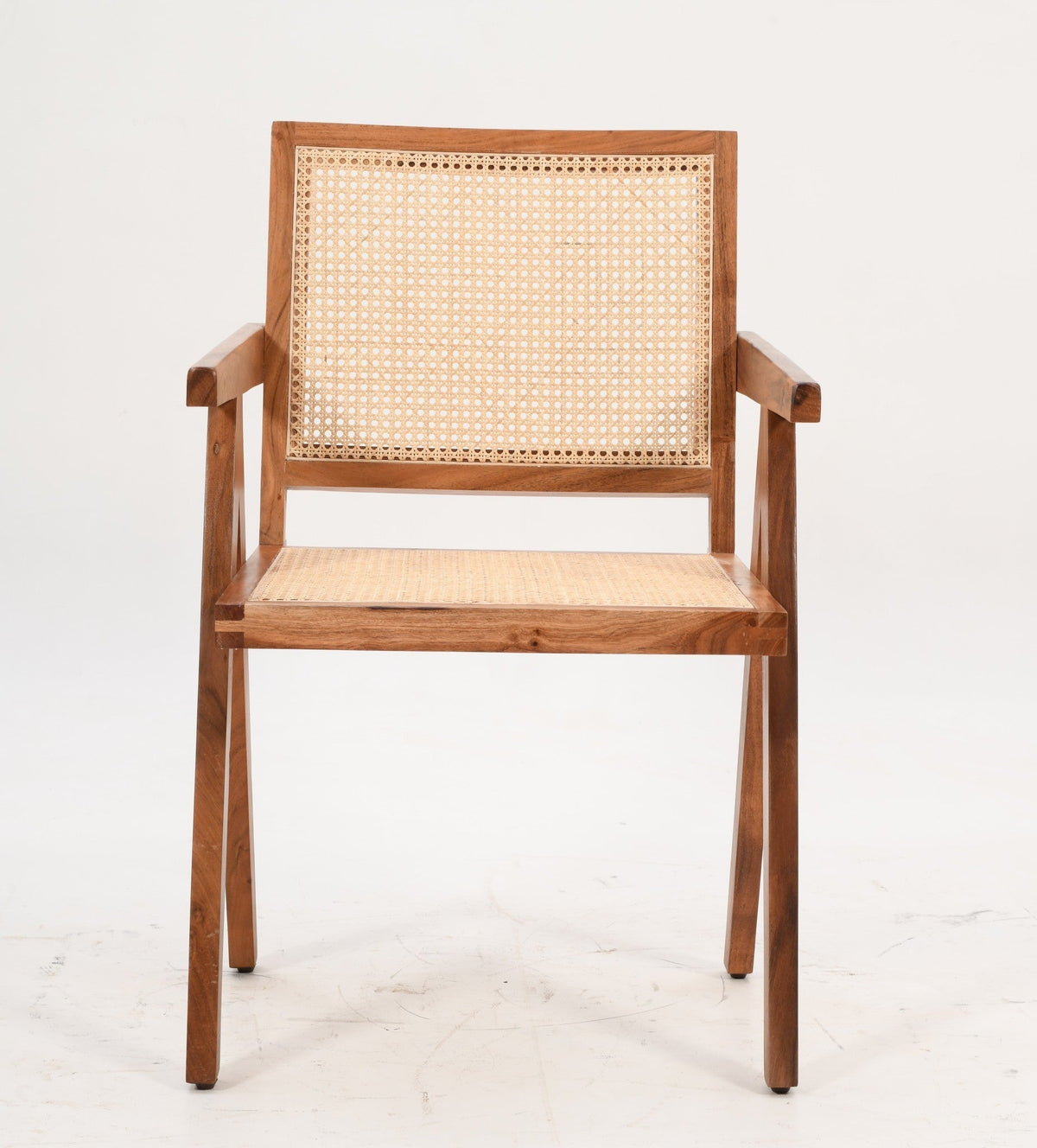 Pierre Jeanneret Solid Acacia Wood Dining Chair with Armrest | Natural &amp; Cane Dining Chair Casa Maria Designs 
