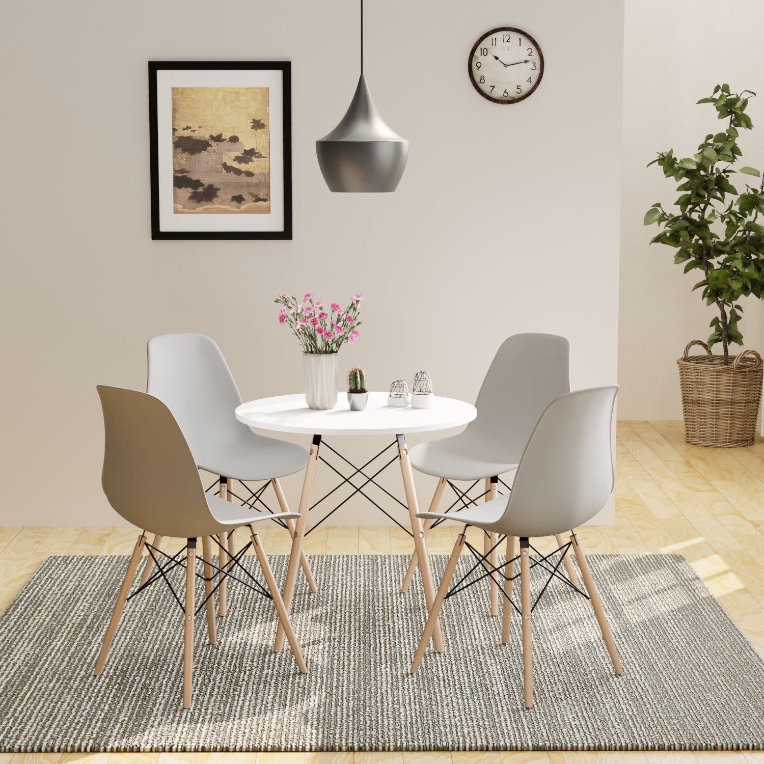 Milo White Round Nordic Table & 4 Grey Chairs Dining Set Casa Maria Designs 