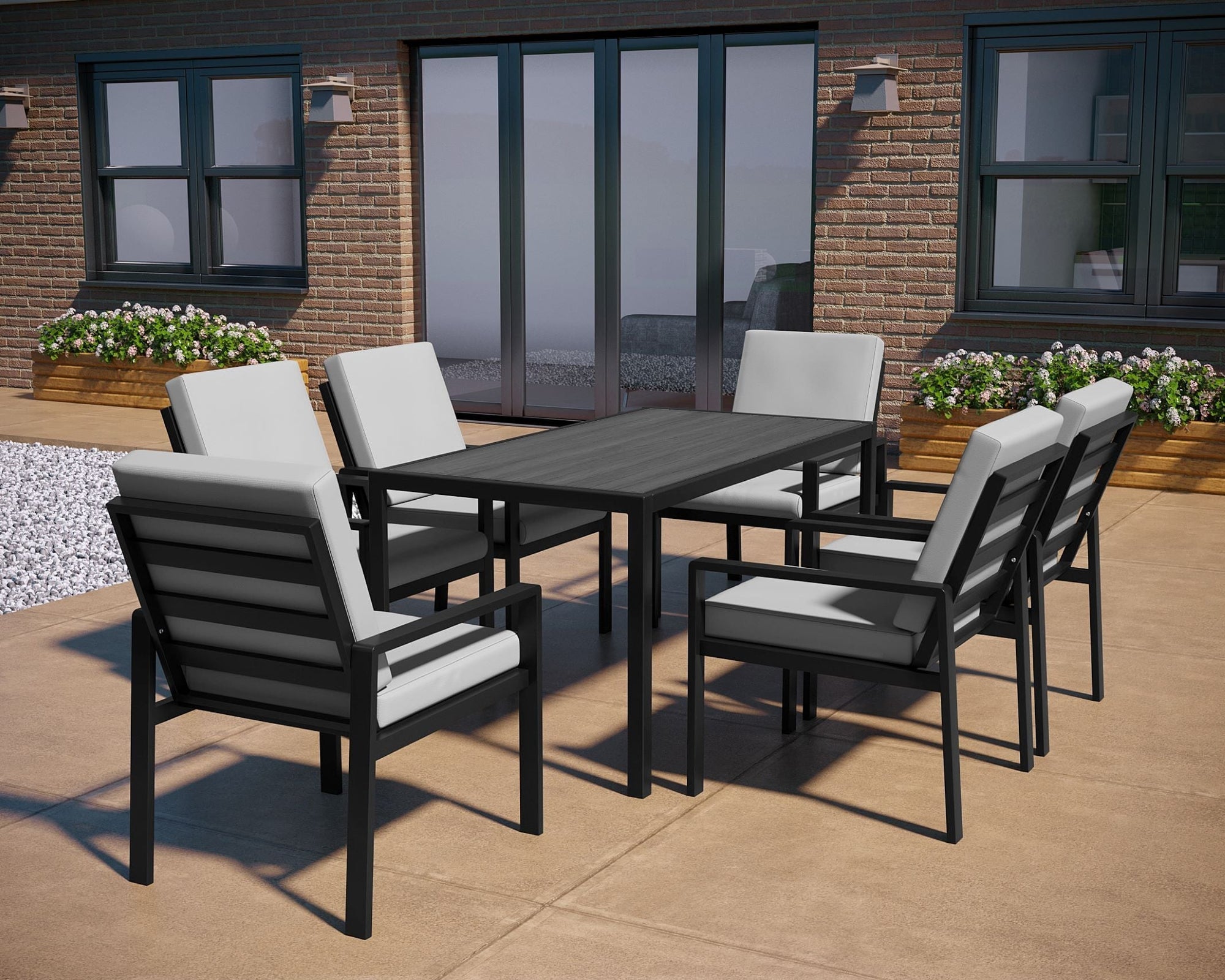 Aluminium Dining Table & 6 Chairs Set - Black / Light Grey Rattan Furniture MaxiFurn 