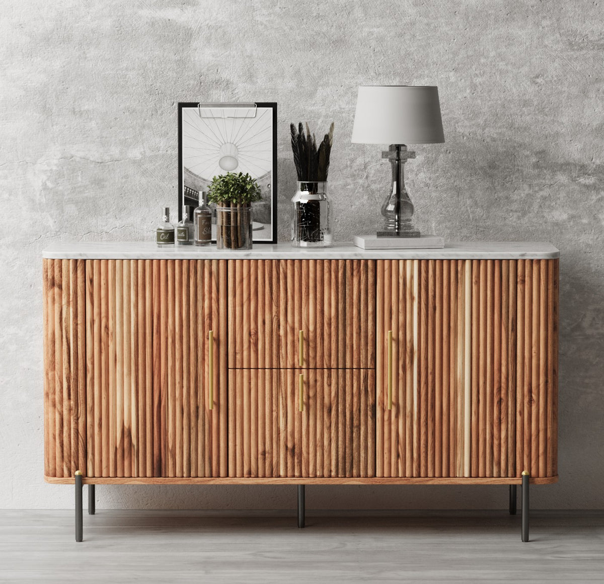 Lucas Flute Solid Mango Sideboard Real Marble Top - Natural &amp; Gold