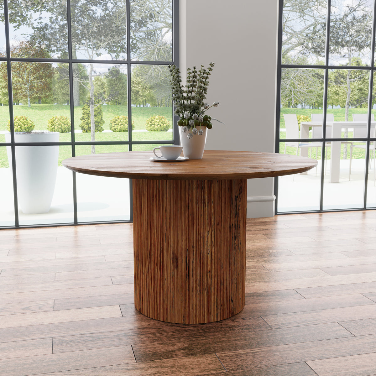 Amara Round Solid Acacia Wood Dining Table | Ribbed Base - 120cms