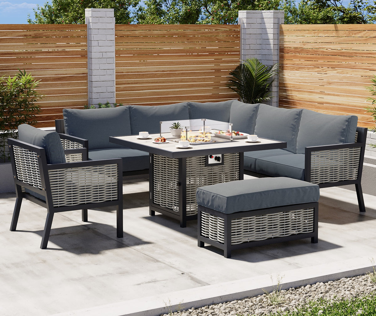 Porto Aluminium Corner Sofa, Chair, Bench &amp; Fire Pit Dining Table Set | Dark Grey