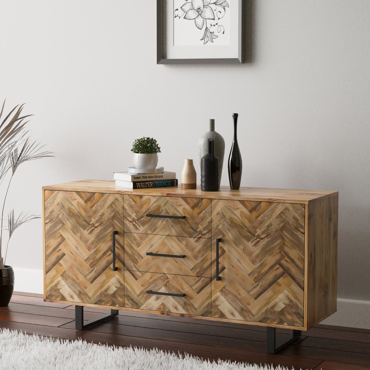 Herringbone 3 Drawer &amp; 2 Door Solid Mango Wood Sideboard Cabinet