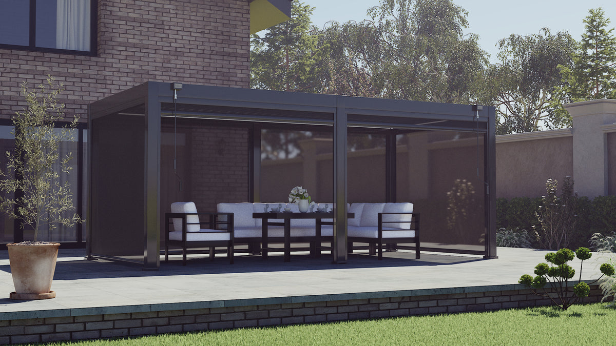 LuxShade™ 3×6m Aluminium Pergola with LEDs, Double-Layered Louvred Roof &amp; Blinds