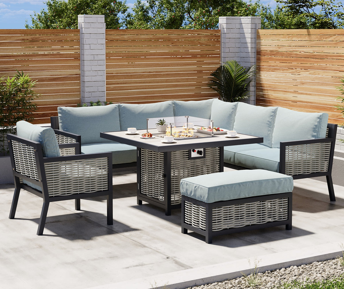 Porto Aluminium Corner Sofa, Chair, Bench &amp; Fire Pit Dining Table Set | Light Grey