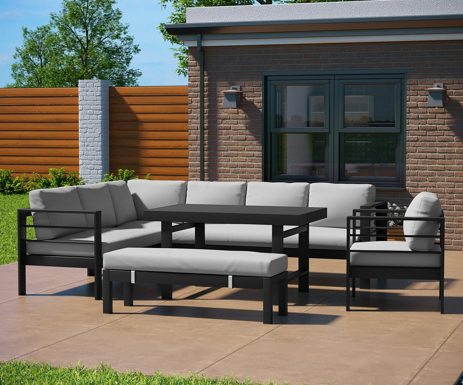 Aluminium Right Hand Corner Sofa / Outdoor Garden Dining Set in Black and Grey Rattan Furniture MaxiFurn 