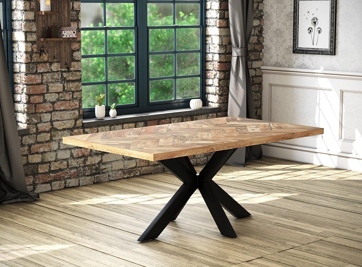 Rectangle Solid Wood Dining Table Herringbone with Spider Base 180cms Casa Maria Designs 