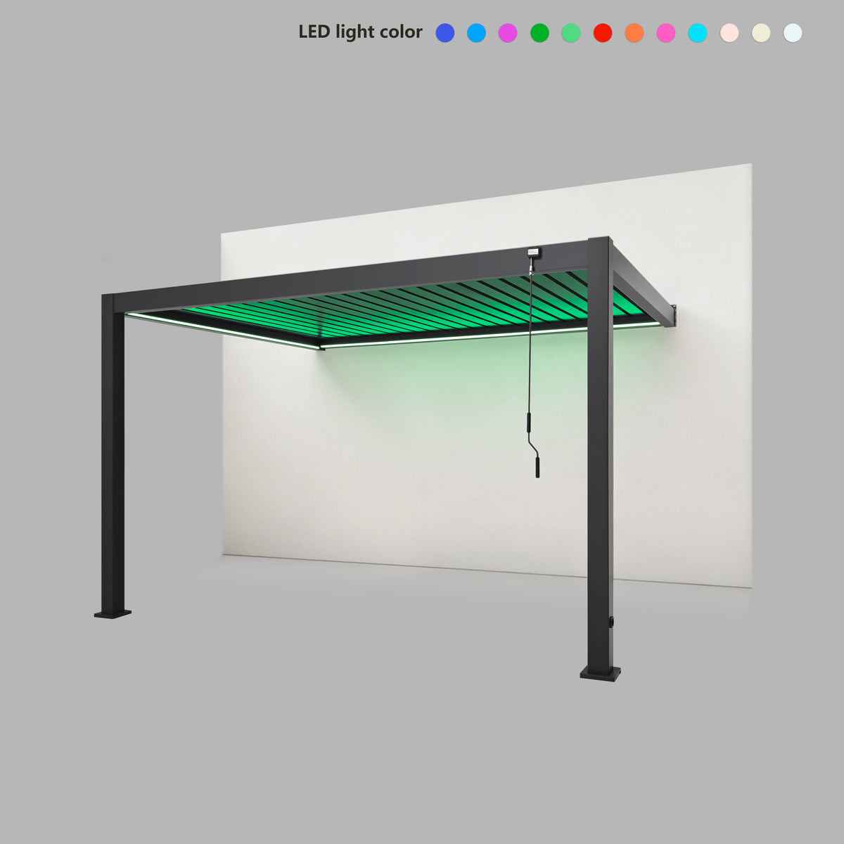 EdgeShade™ 3m x 4m Wall-Mounted Aluminium Pergola, Louvred Roof, RGBW LEDs –  Grey