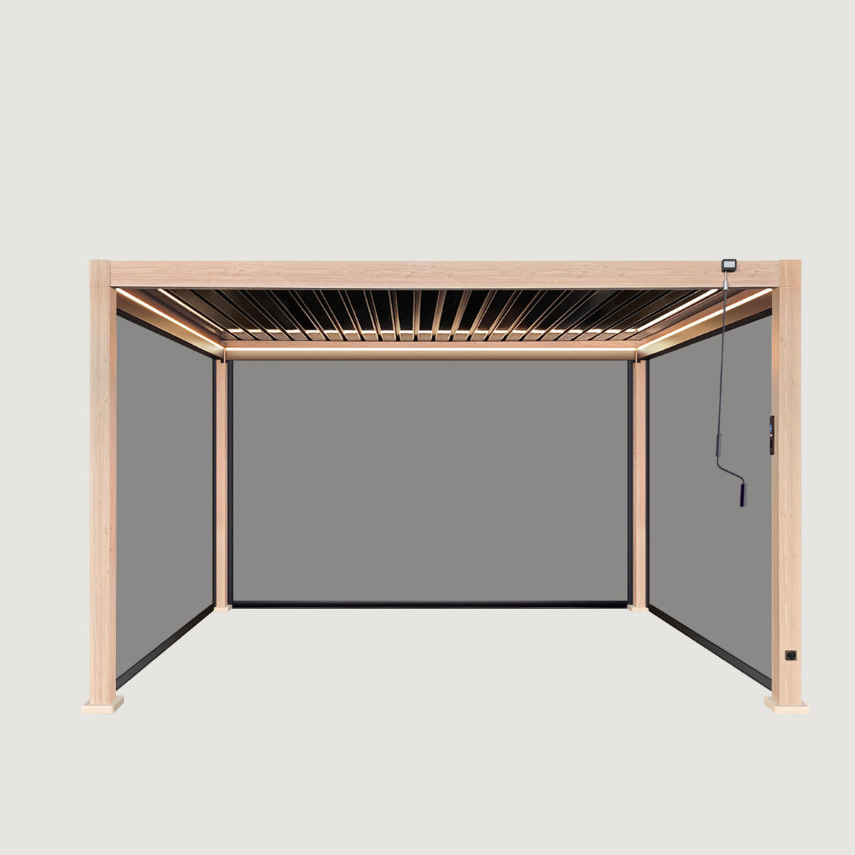 LuxShade™ 3×4m Wood Grain Aluminium Pergola with LEDs, Double-Layered Louvres & 3 Blinds