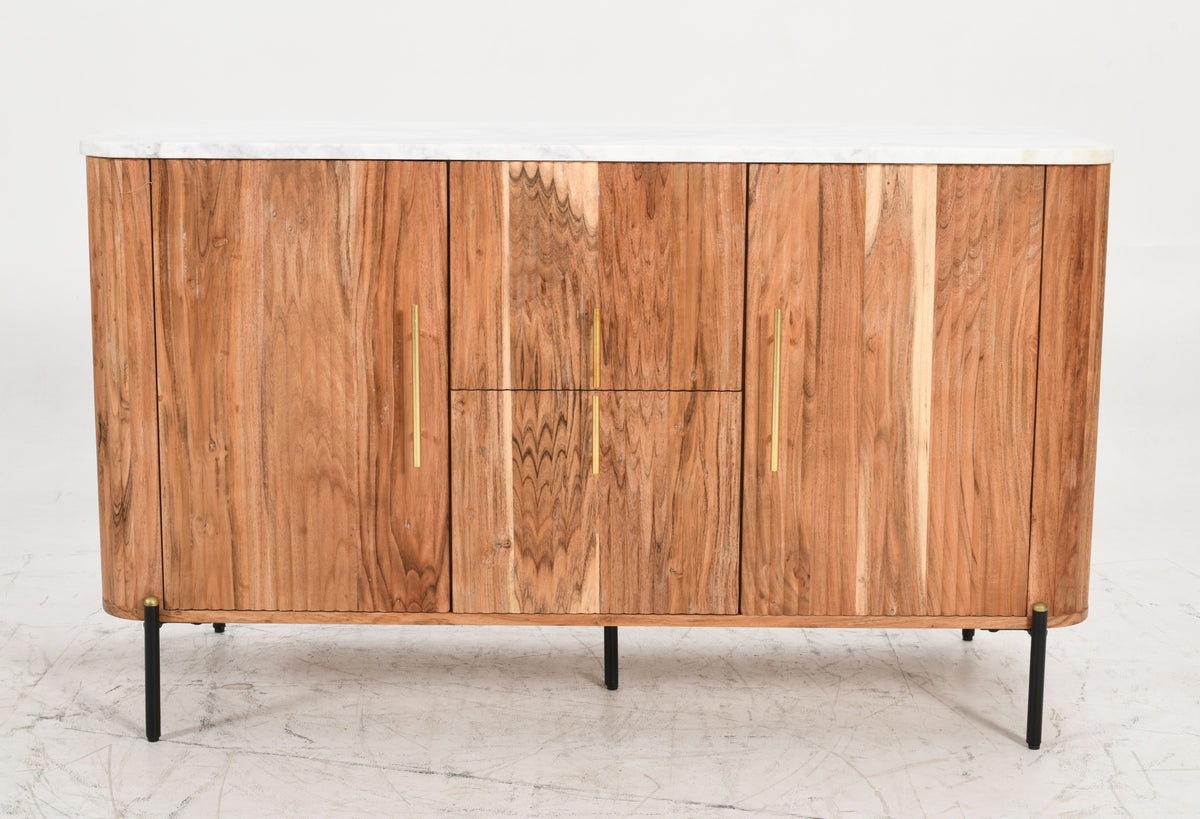 Lucas Flute Solid Mango Sideboard Real Marble Top - Natural &amp; Gold