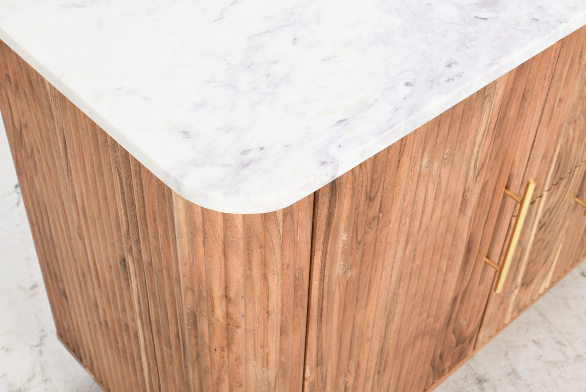 Lucas Flute Solid Mango Sideboard Real Marble Top - Natural &amp; Gold