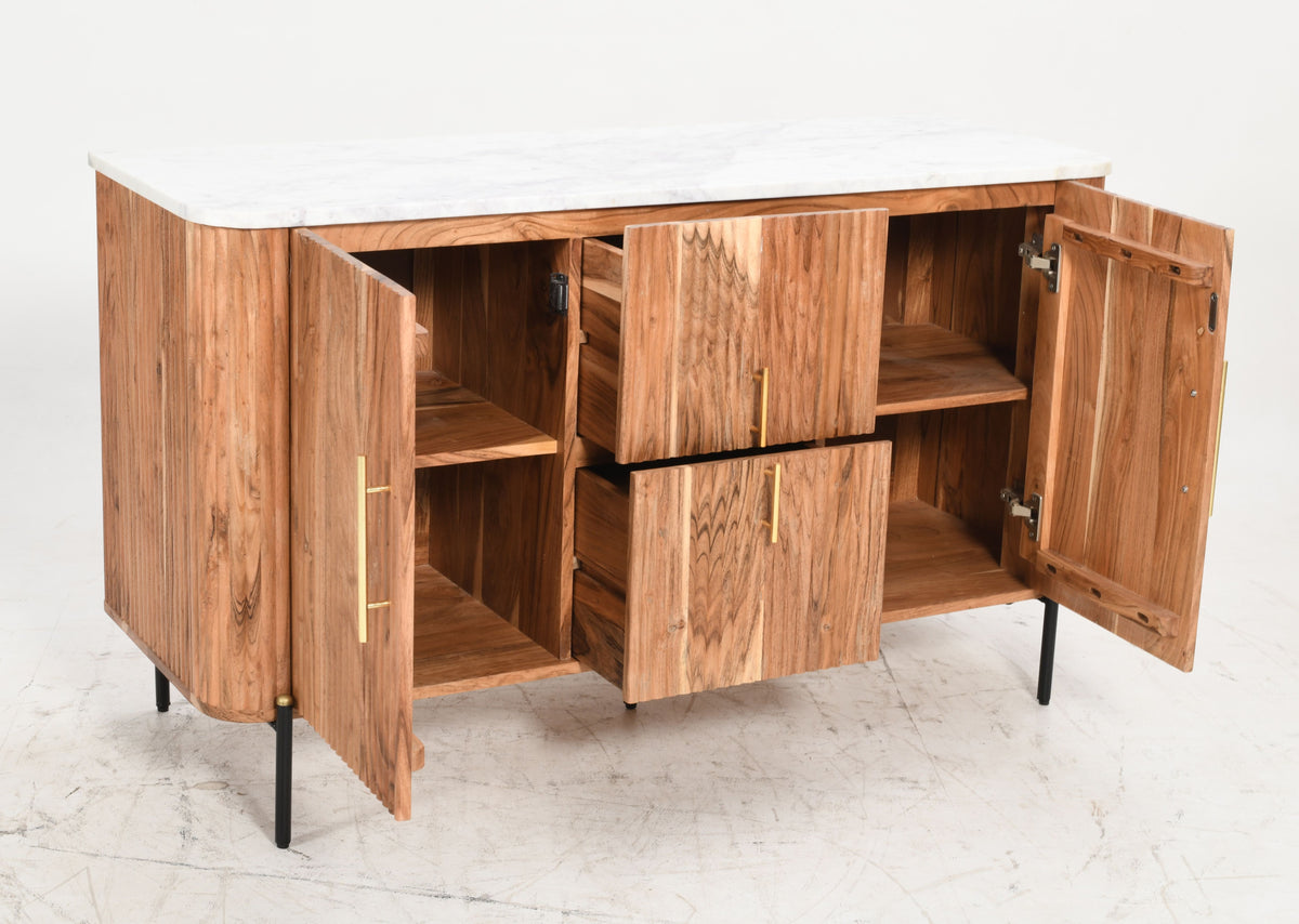Lucas Flute Solid Mango Sideboard Real Marble Top - Natural &amp; Gold