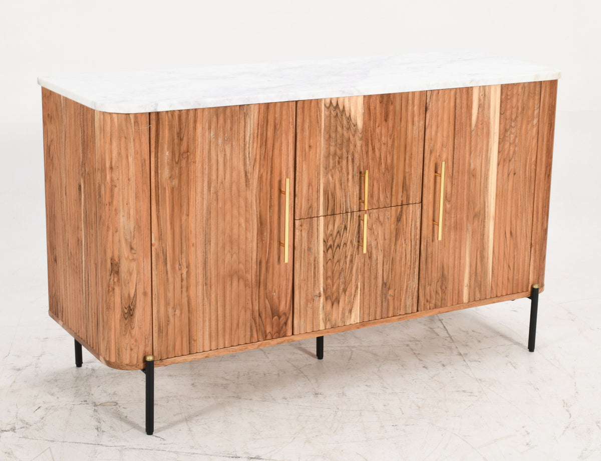 Lucas Flute Solid Mango Sideboard Real Marble Top - Natural &amp; Gold