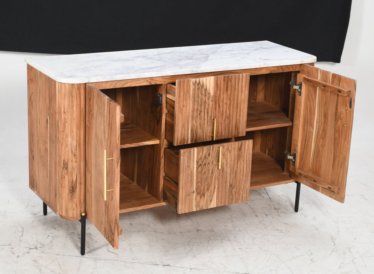 Lucas Flute Solid Mango Sideboard Real Marble Top - Natural &amp; Gold