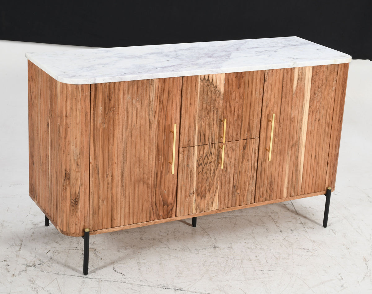 Lucas Flute Solid Mango Sideboard Real Marble Top - Natural &amp; Gold