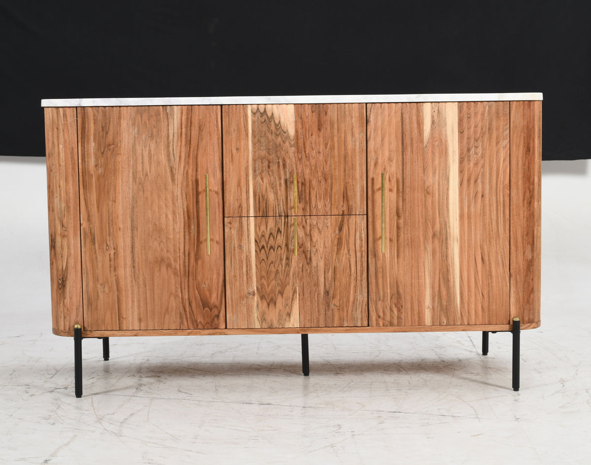 Lucas Flute Solid Mango Sideboard Real Marble Top - Natural &amp; Gold