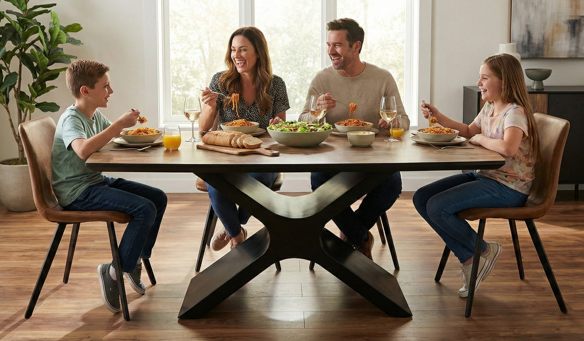 Premium Solid Mango Wood Curved Dining Table | X Base - 200 CMS