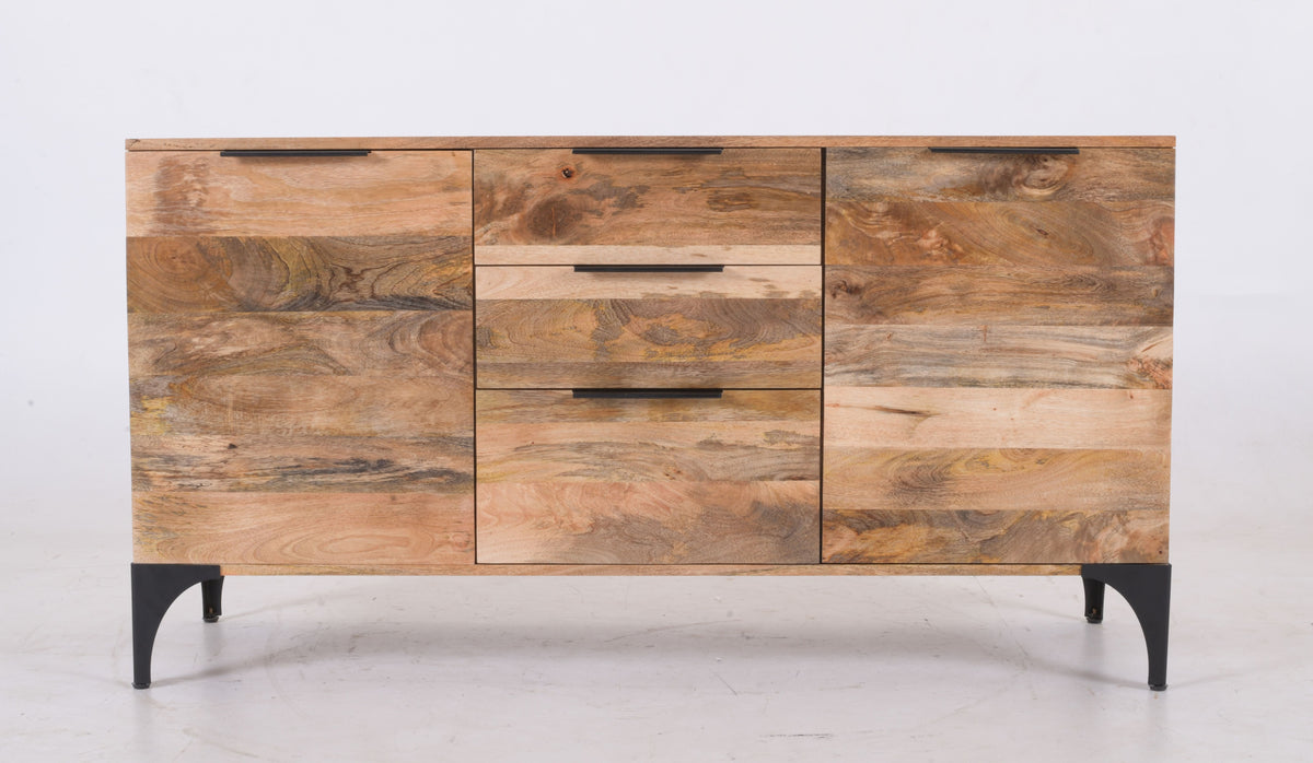 Modern Handcrafted Mango Wood Sideboard – 2-Door, 3-Drawer Storage Cabinet 145 cm