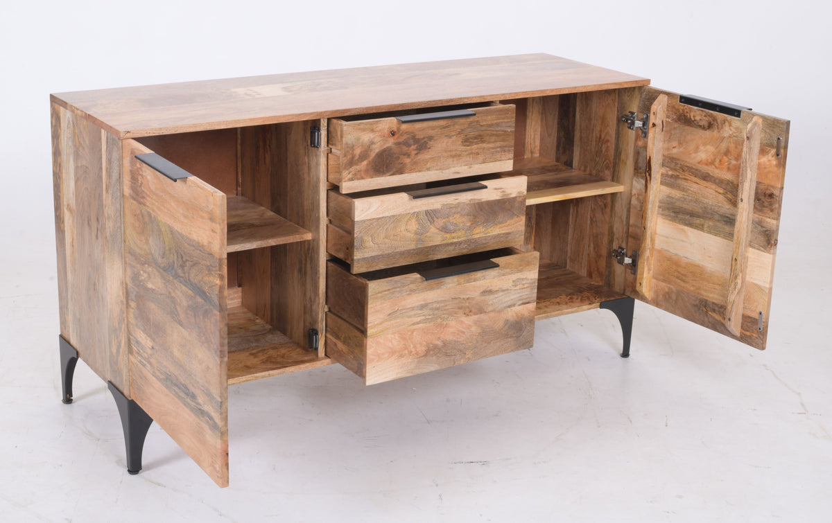 Modern Handcrafted Mango Wood Sideboard – 2-Door, 3-Drawer Storage Cabinet 145 cm