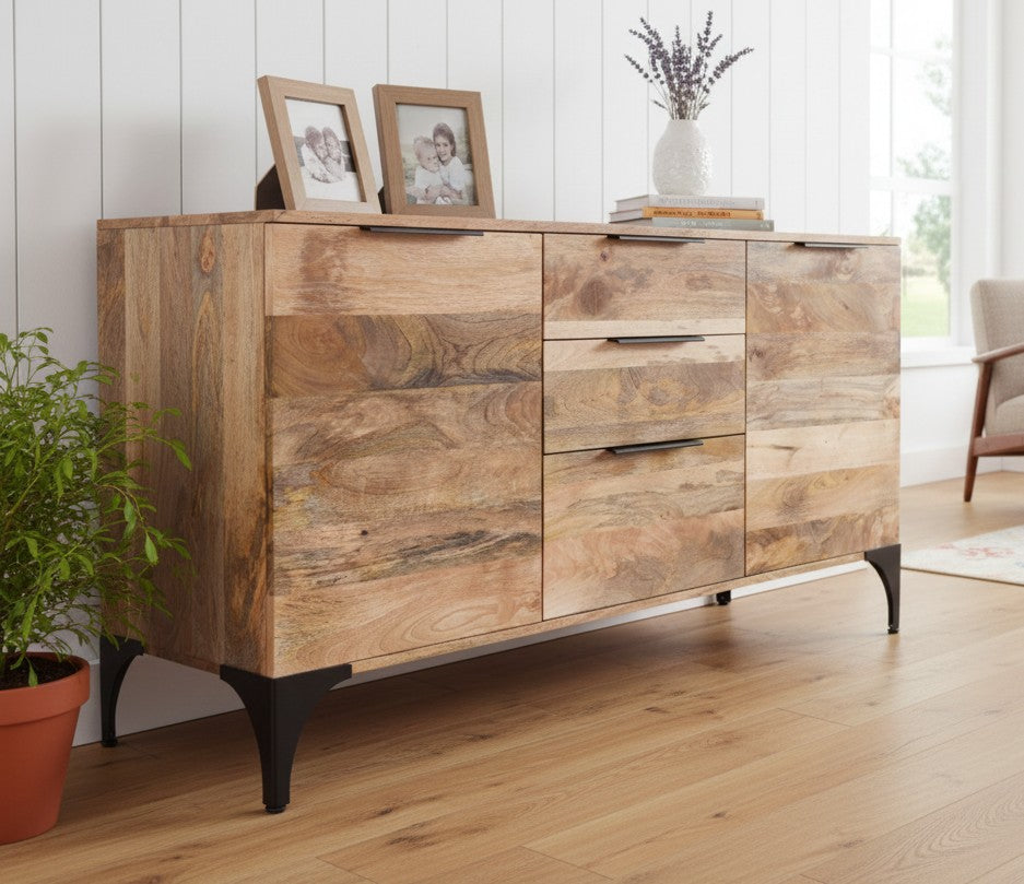 Modern Handcrafted Mango Wood Sideboard – 2-Door, 3-Drawer Storage Cabinet 145 cm