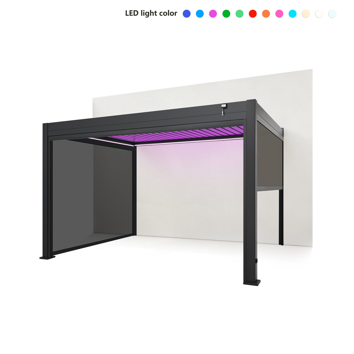 EdgeShade™ 3m x 4m Wall-Mounted Aluminium Pergola, Louvred Roof, RGBW LEDs & 3 Zip Windscreens –  Grey