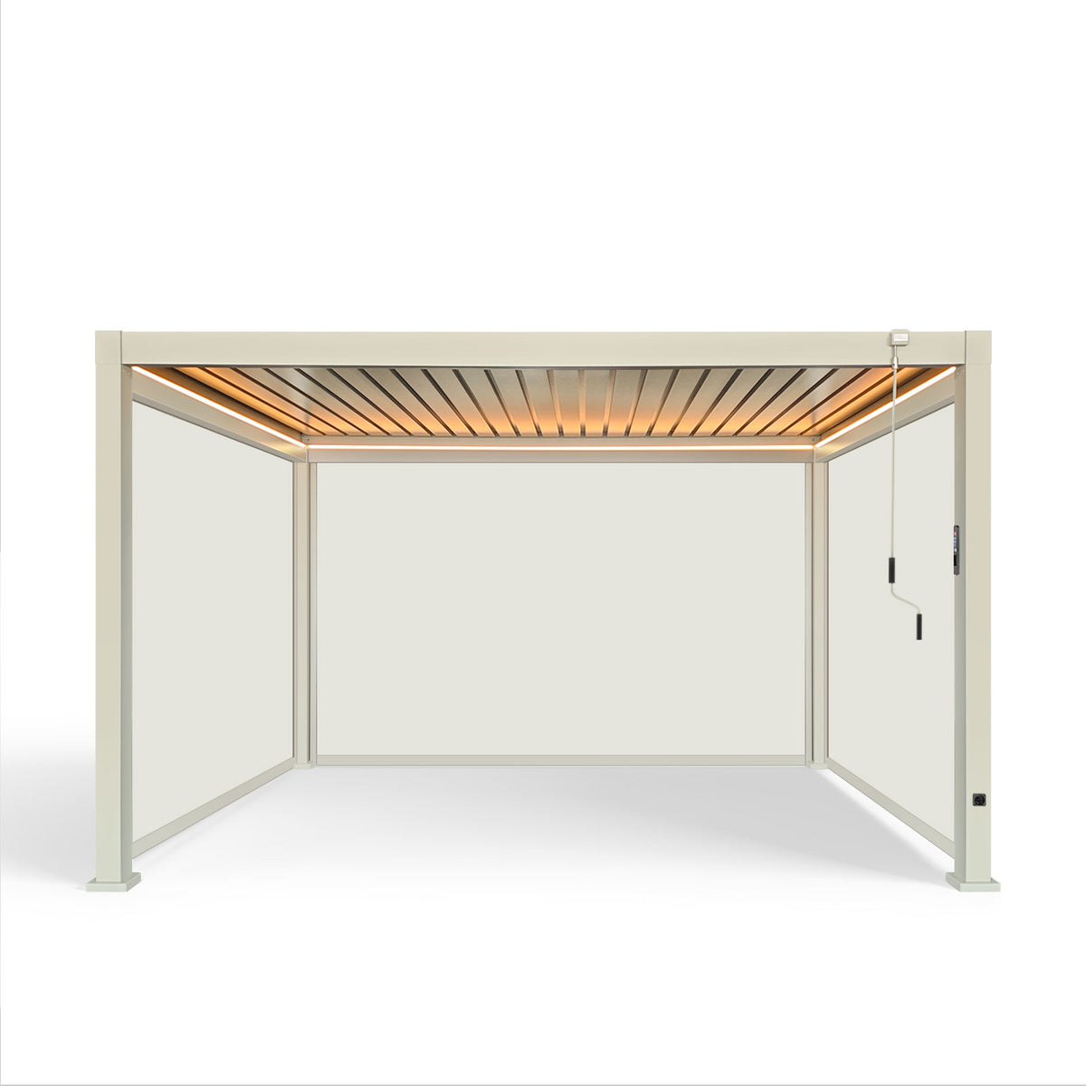 LuxShade™ 3×4m Pebble Aluminium Pergola with LEDs, Double-Layered Roof & 3 Blinds