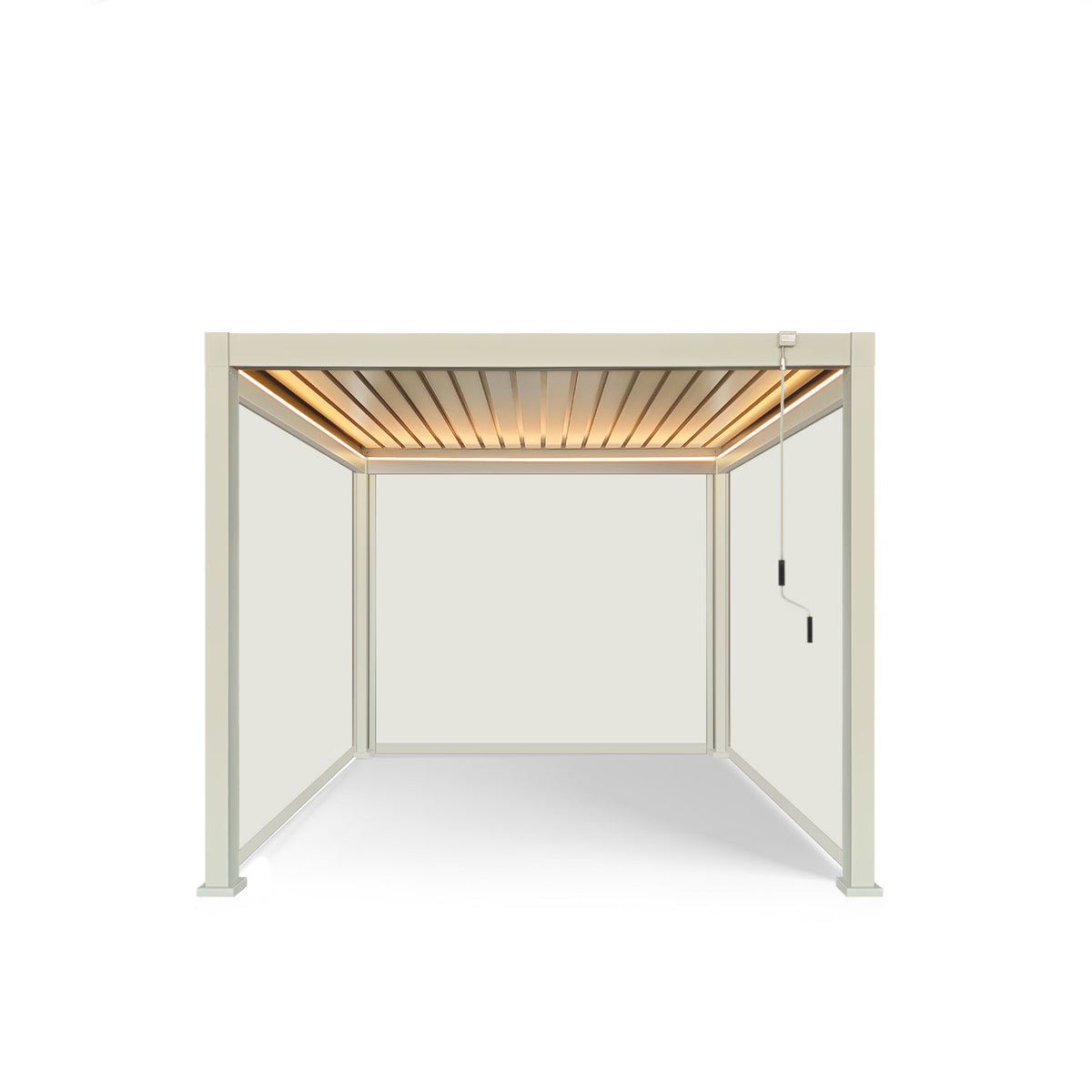 LuxShade™ 3×3m Pebble Aluminium Pergola with LEDs, Double-Layered Roof & 3 Blinds