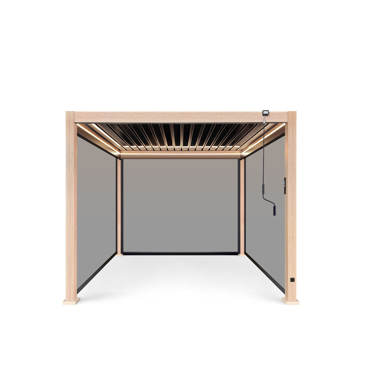 LuxShade™ 3×3m Wood Grain Aluminium Pergola with LEDs, Double-Layered Louvres & 3 Blinds