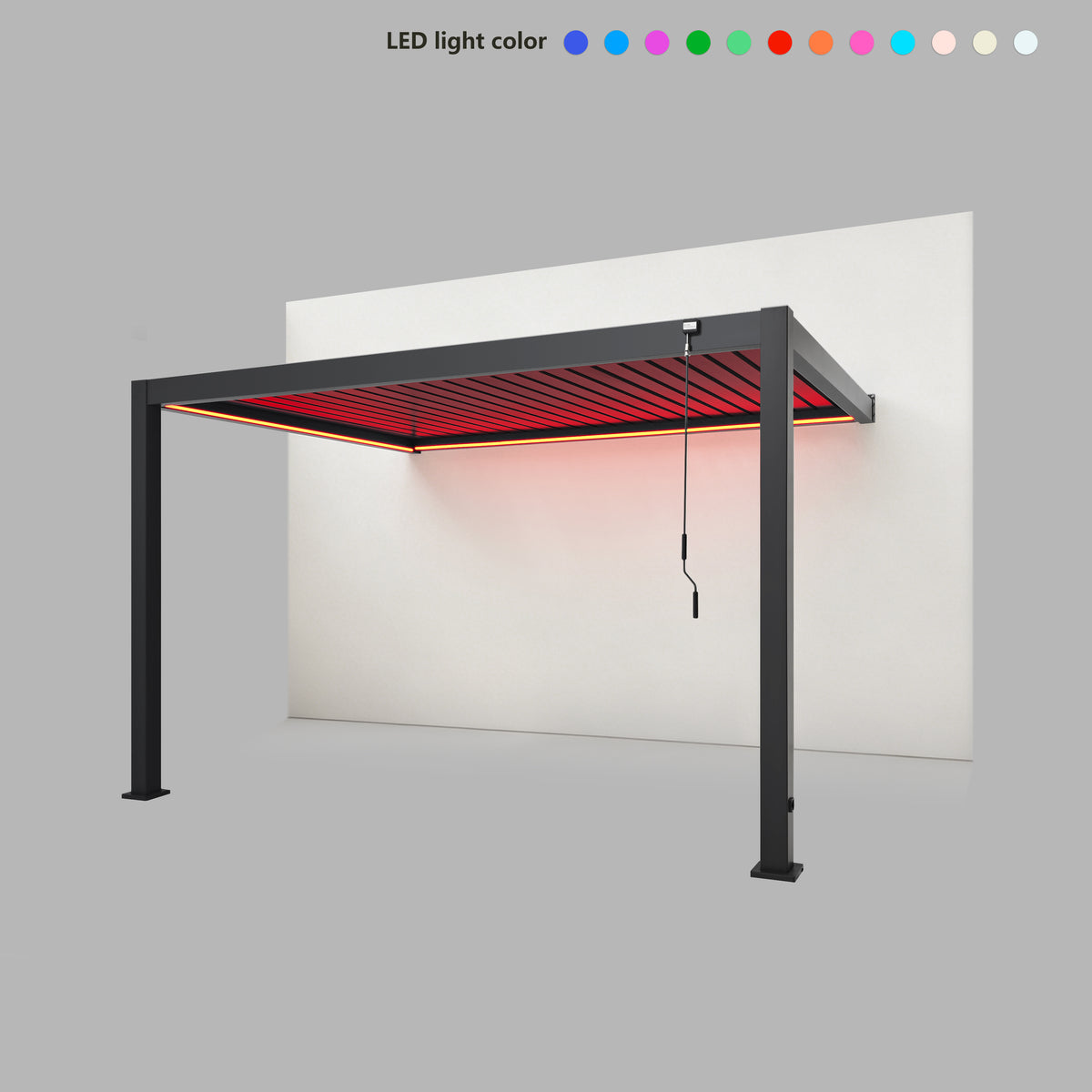 EdgeShade™ 3m x 4m Wall-Mounted Aluminium Pergola, Louvred Roof, RGBW LEDs –  Grey