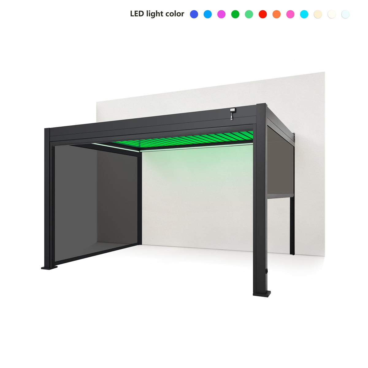 EdgeShade™ 3m x 4m Wall-Mounted Aluminium Pergola, Louvred Roof, RGBW LEDs & 3 Zip Windscreens –  Grey