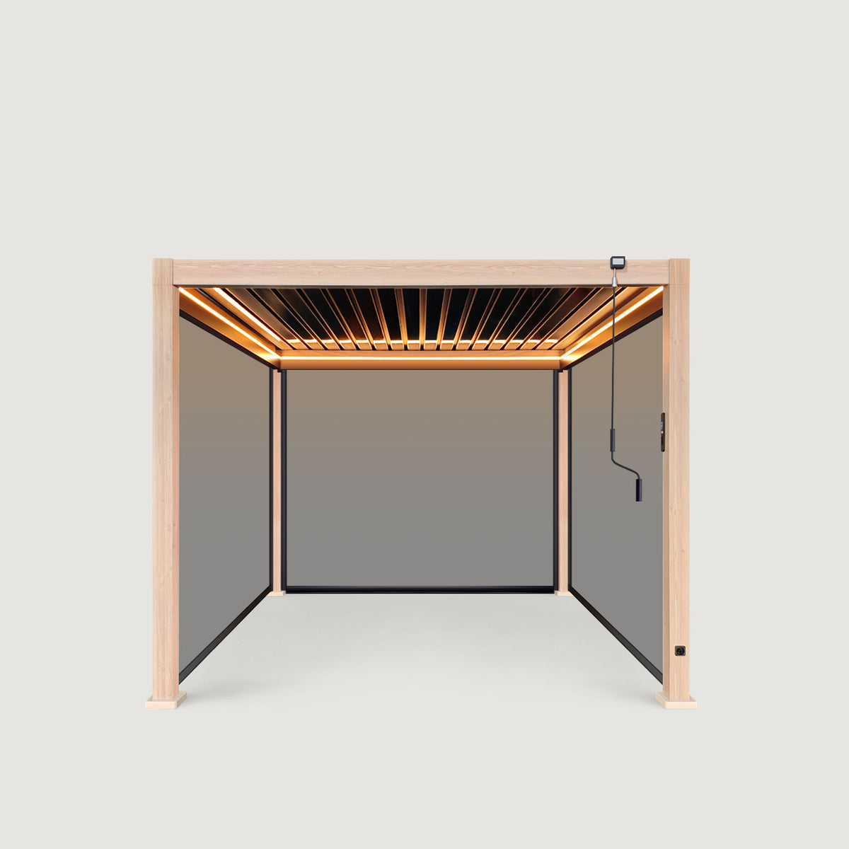 LuxShade™ 3×3m Wood Grain Aluminium Pergola with LEDs, Double-Layered Louvres & 3 Blinds