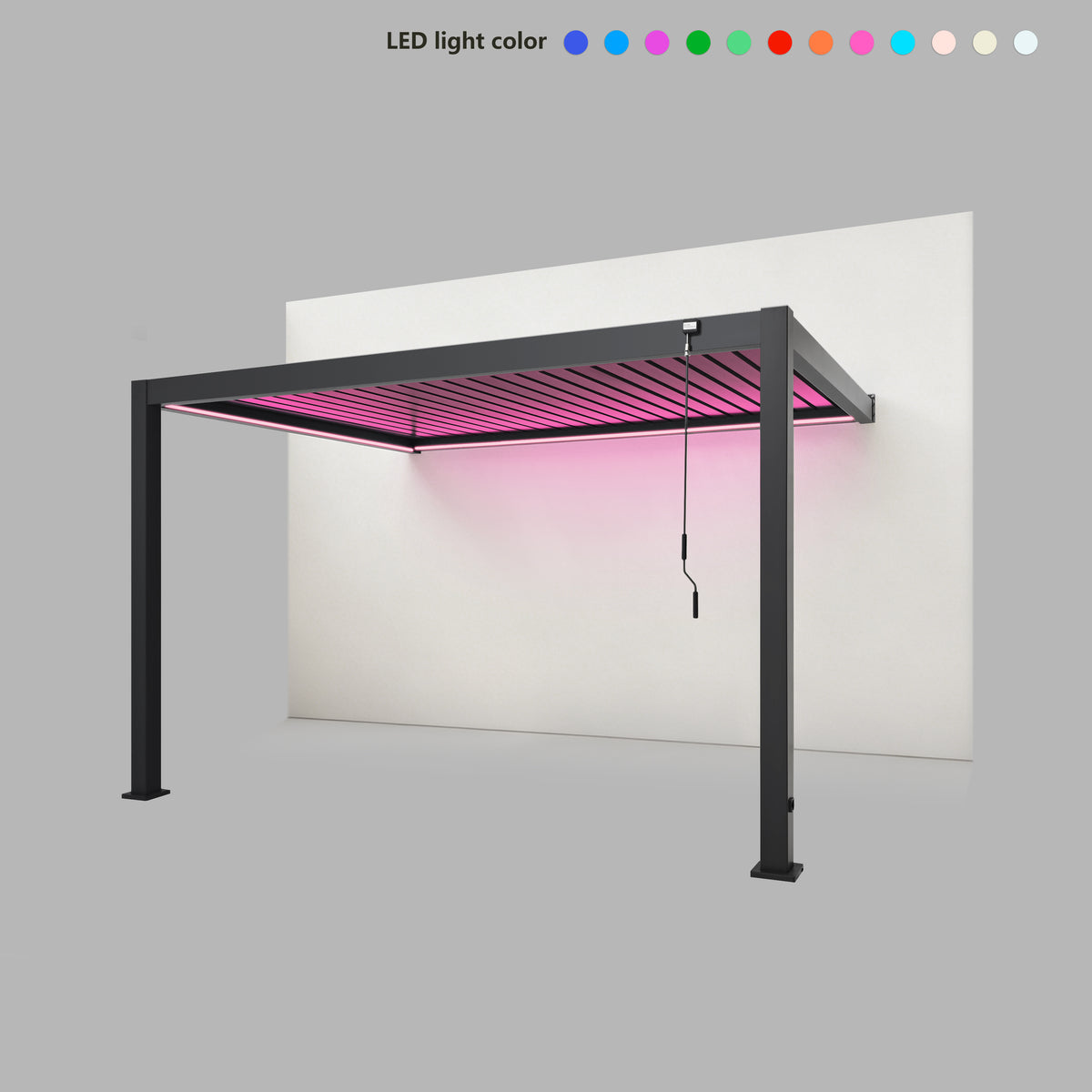 EdgeShade™ 3m x 4m Wall-Mounted Aluminium Pergola, Louvred Roof, RGBW LEDs –  Grey