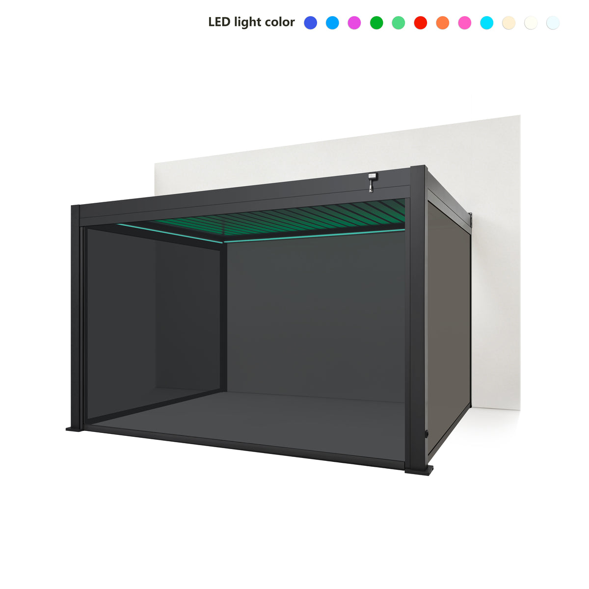EdgeShade™ 3m x 4m Wall-Mounted Aluminium Pergola, Louvred Roof, RGBW LEDs & 3 Zip Windscreens –  Grey