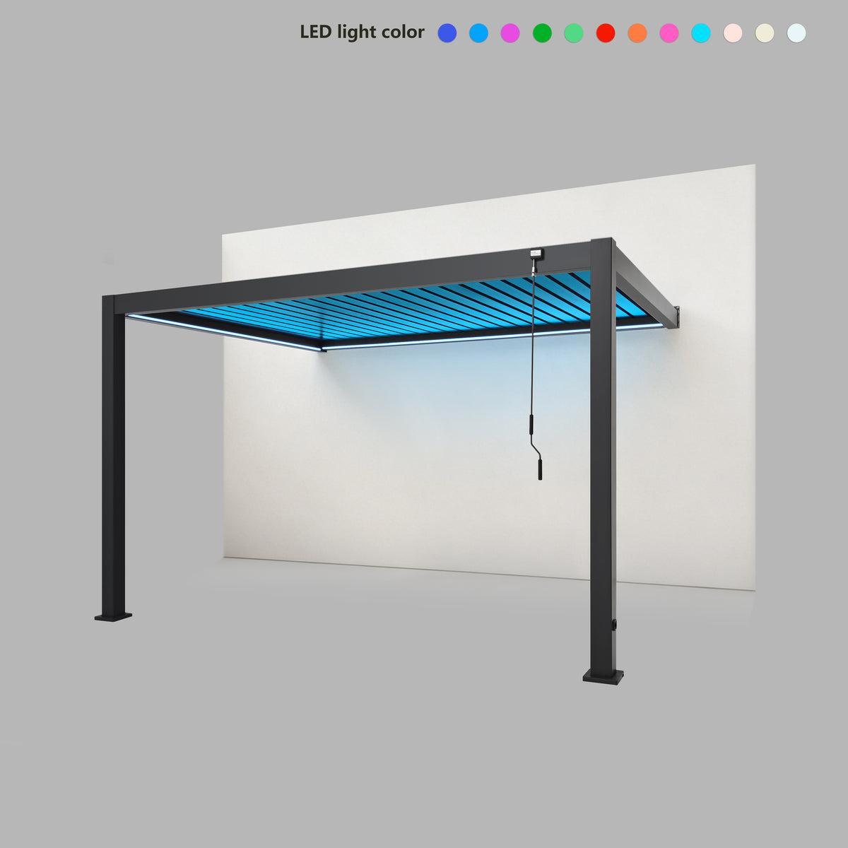 EdgeShade™ 3m x 4m Wall-Mounted Aluminium Pergola, Louvred Roof, RGBW LEDs –  Grey
