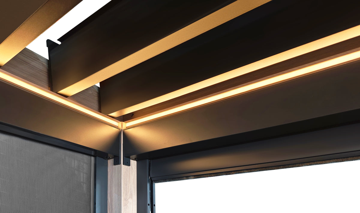 LuxShade™ 3×3m Oak Effect Aluminium Pergola LEDs, Double-Layered Louvred Roof