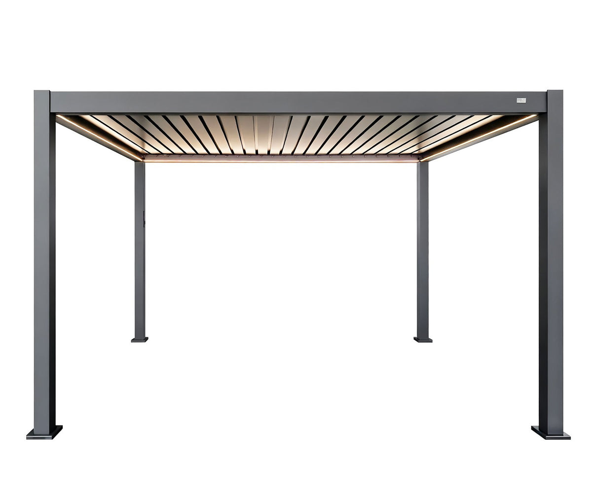 MotaShade™ 3×4m Motorised Aluminium Pergola – Double‑Layer Louvers, LEDs &amp; 3 Zip Blinds