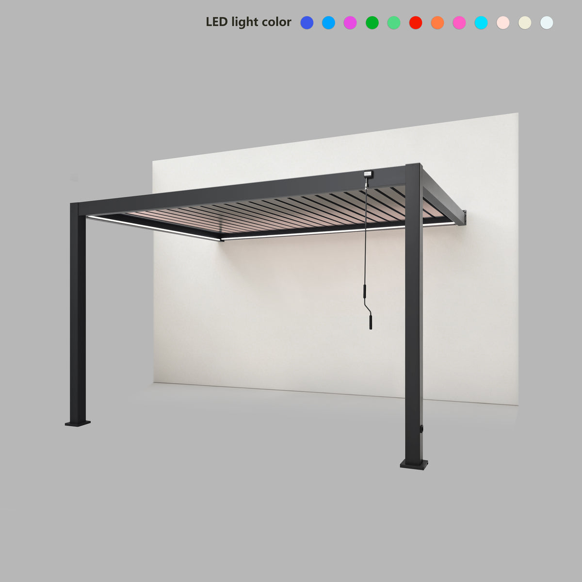 EdgeShade™ 3m x 4m Wall-Mounted Aluminium Pergola, Louvred Roof, RGBW LEDs –  Grey