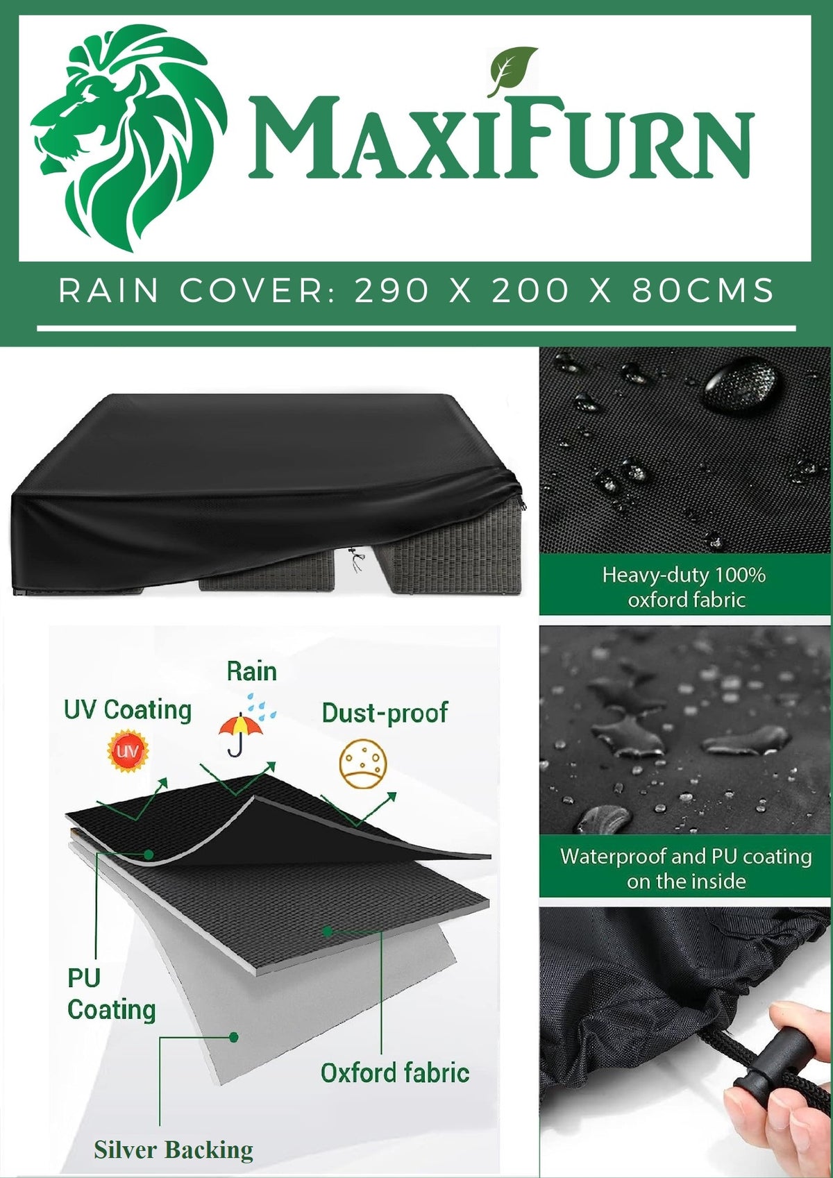 Waterproof Outdoor Rain Cover 290x200x80cm | Heavy-Duty 210D Oxford - Black