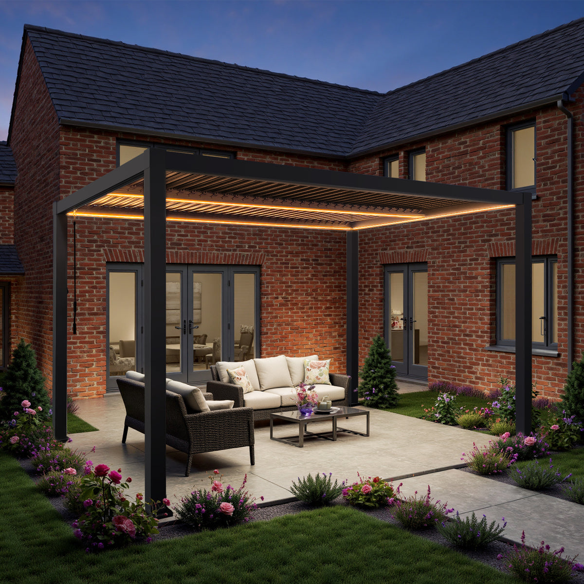 SplitZone™ 3×4m Grey Aluminium Pergola with LEDs, Mid-Beam Louvred Roof