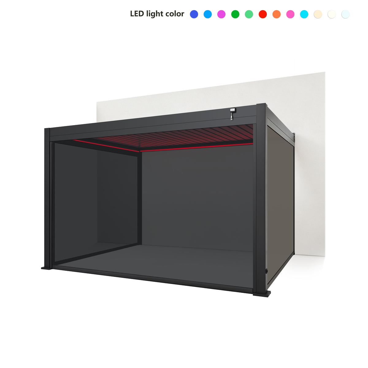 EdgeShade™ 3m x 4m Wall-Mounted Aluminium Pergola, Louvred Roof, RGBW LEDs & 3 Zip Windscreens –  Grey