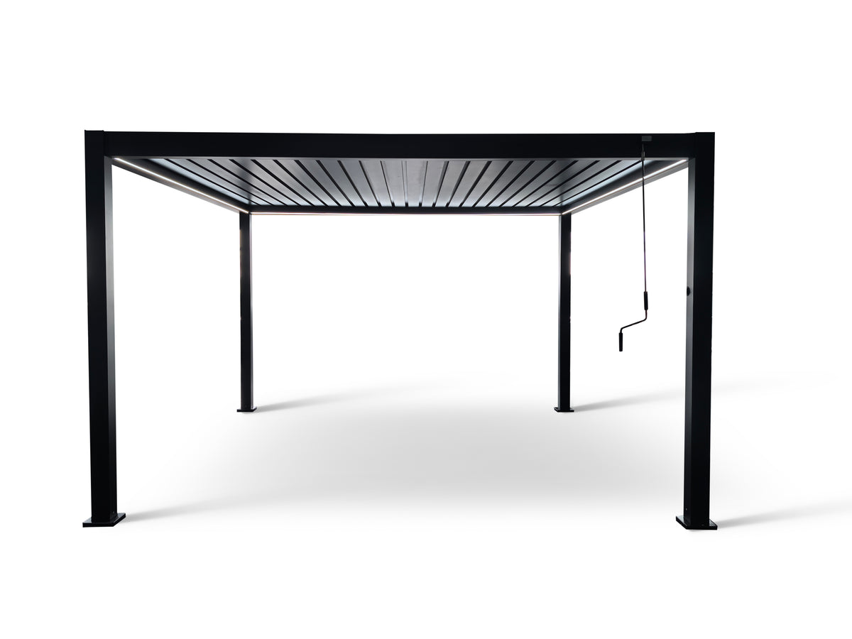 LuxShade™ 4×4m Aluminium Pergola with LEDs, Double-Layered Louvred Roof &amp; 3 Blinds