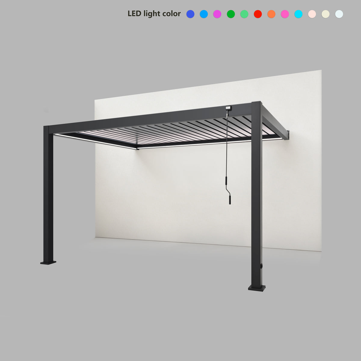 EdgeShade™ 3m x 4m Wall-Mounted Aluminium Pergola, Louvred Roof, RGBW LEDs –  Grey