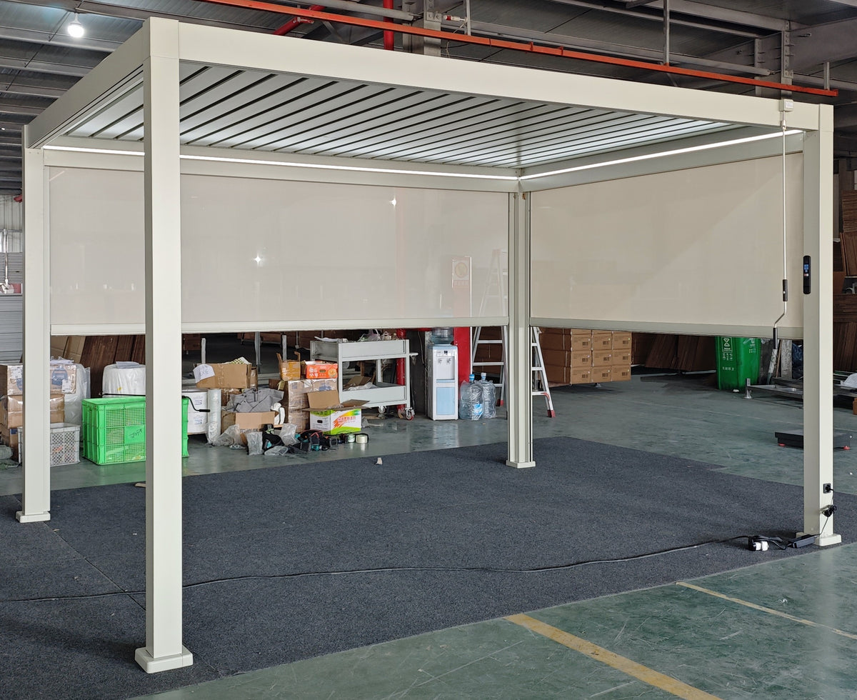 LuxShade™ 3×4m Pebble Aluminium Pergola with LEDs, Double-Layered Roof & 3 Blinds