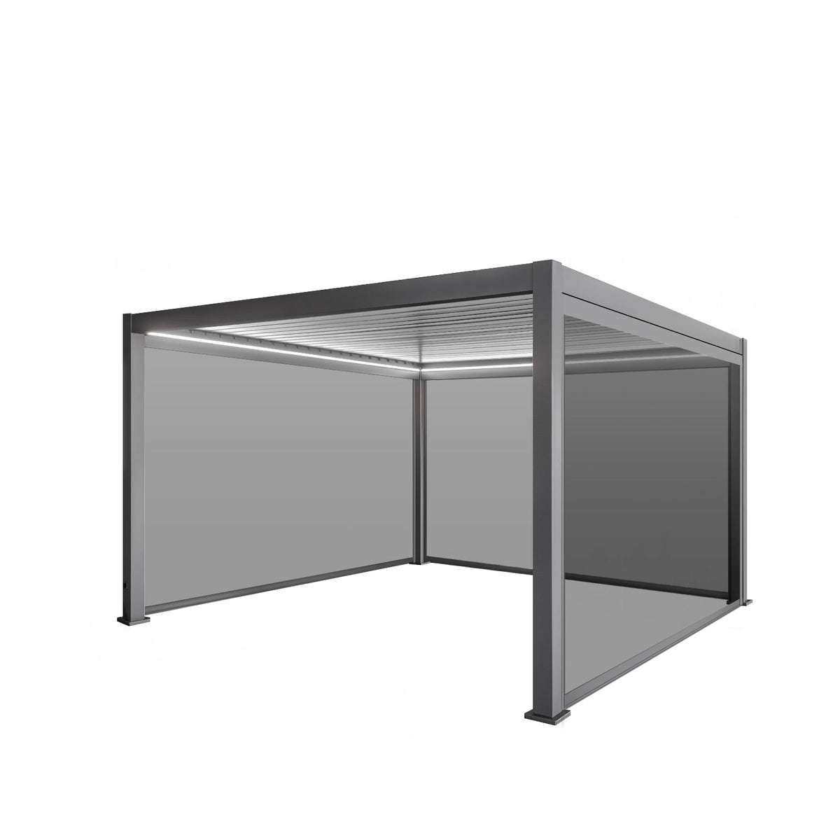 LuxShade™ 4×4m Aluminium Pergola with LEDs, Double-Layered Louvred Roof &amp; 3 Blinds