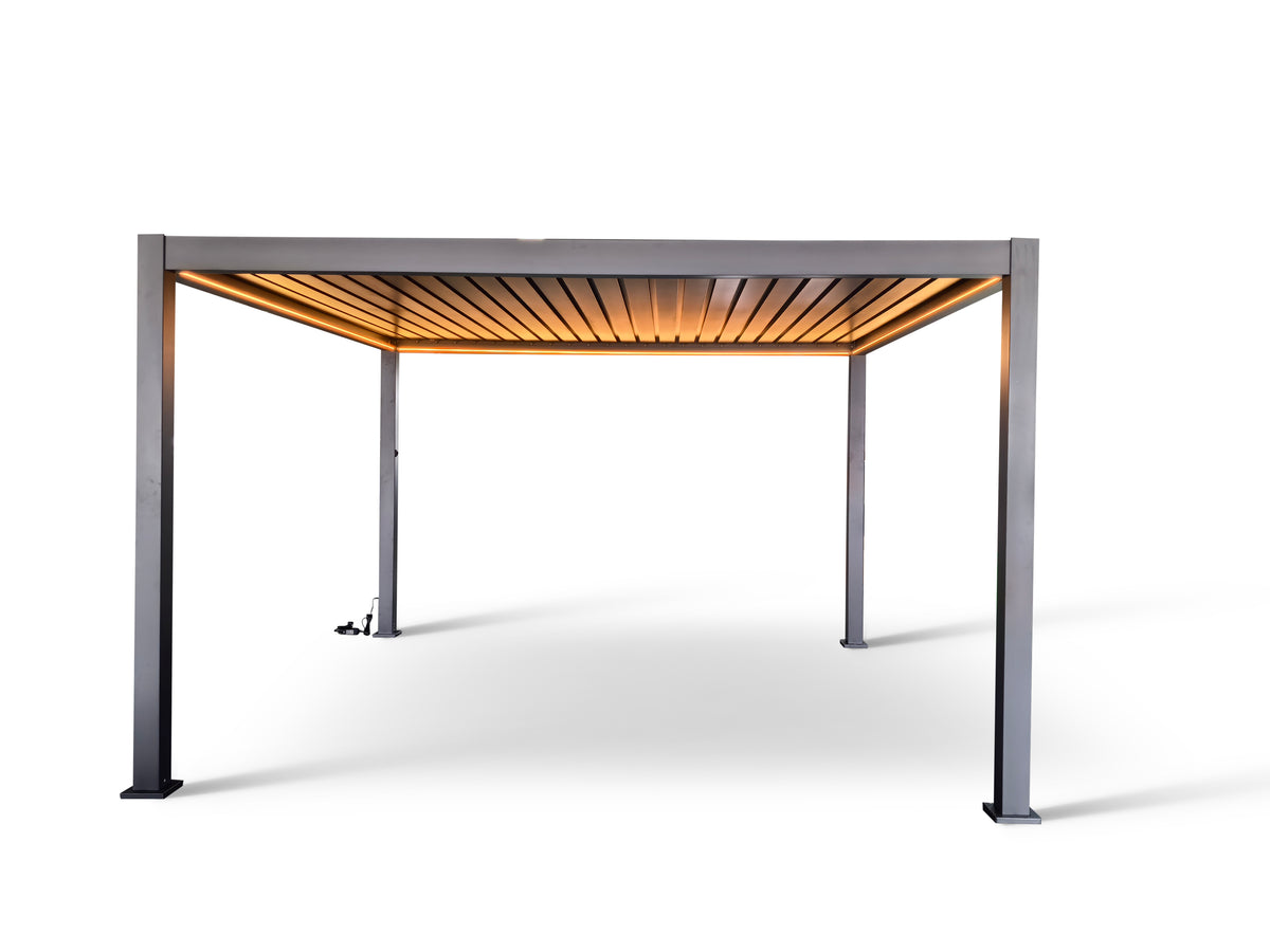 LuxShade™ 4×4m Aluminium Pergola with LEDs, Double-Layered Louvred Roof &amp; 3 Blinds