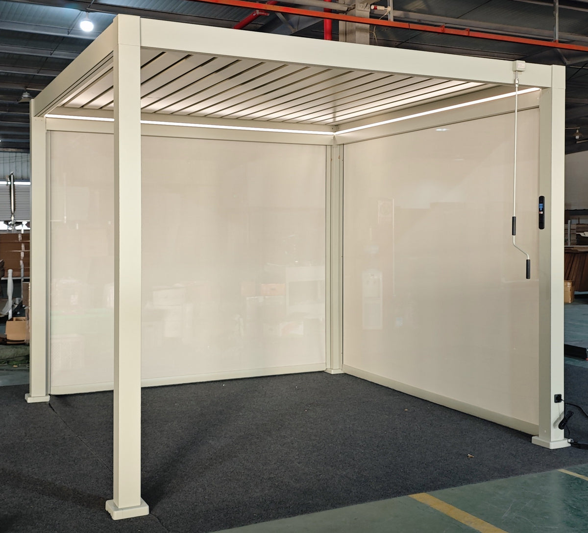 LuxShade™ 3×3m Pebble Aluminium Pergola with LEDs, Double-Layered Roof & 3 Blinds