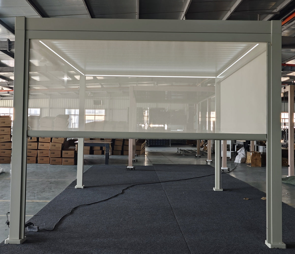 LuxShade™ 3×4m Pebble Aluminium Pergola with LEDs, Double-Layered Roof & 3 Blinds