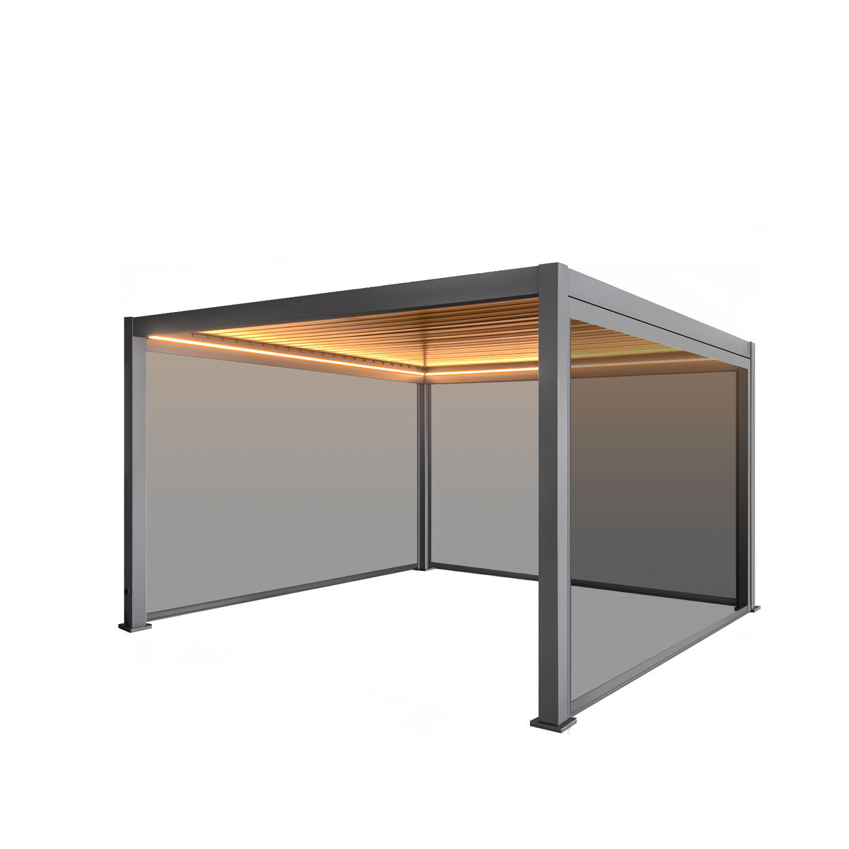 LuxShade™ 4×4m Aluminium Pergola with LEDs, Double-Layered Louvred Roof &amp; 3 Blinds