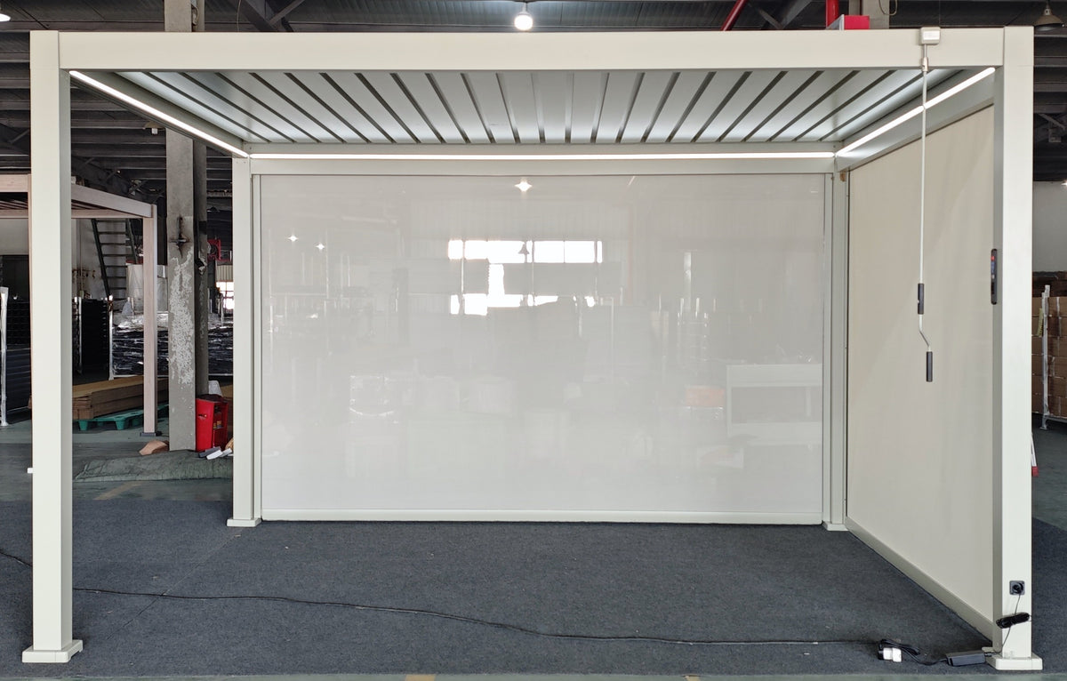 LuxShade™ 3×4m Pebble Aluminium Pergola with LEDs, Double-Layered Roof & 3 Blinds